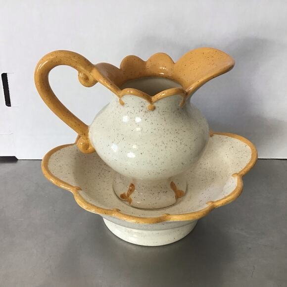 Pitcher and Saucer Ceramic Speckled brown, cream and mustard yellow - Picture 1 of 7